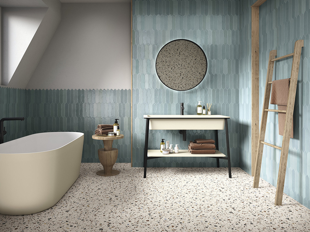 Vloertegel 60×60 cm terrazzo-look beige A342 - in de badkamer gebruikt